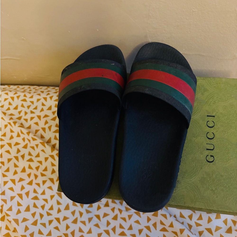 Gucci Black Slides with Red and Green Stripes